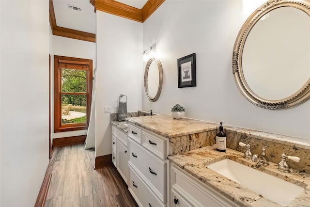 402 Lander Ln, Dripping Springs, TX 78620 - bathroom featuring ornamental molding, vanity, and wood finished floors