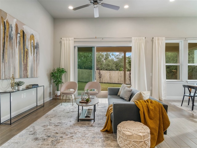 8505 Moccasin Path, Austin, TX 78736 - living room featuring recessed lighting, wood finished floors, a ceiling fan, and baseboards