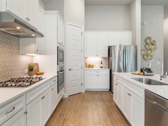 8505 Moccasin Path, Austin, TX 78736 - kitchen with appliances with stainless steel finishes, under cabinet range hood, a sink, tasteful backsplash, and white cabinetry