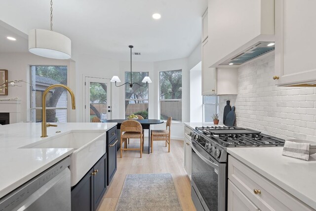 5209 Concho Creek Bnd, Austin, TX 78735 - kitchen featuring stainless steel appliances, custom range hood, tasteful backsplash, light wood-type flooring, and light countertops