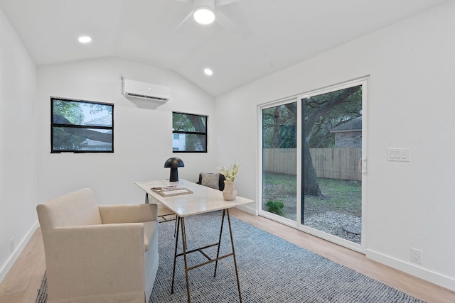 5209 Concho Creek Bnd, Austin, TX 78735 - office area featuring a wall mounted air conditioner, wood finished floors, plenty of natural light, lofted ceiling, and recessed lighting