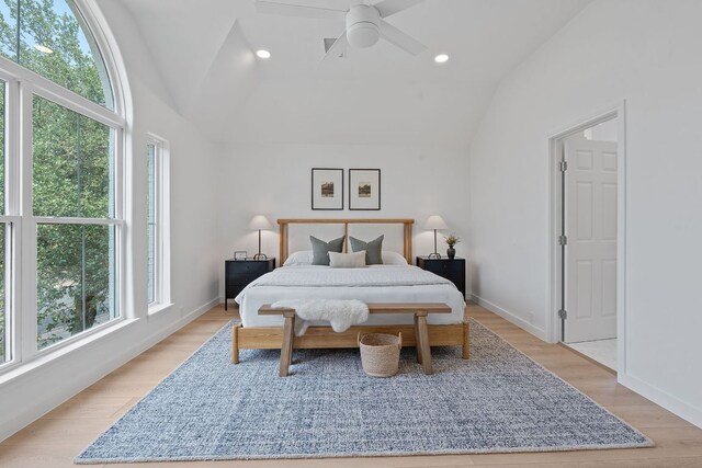 5209 Concho Creek Bnd, Austin, TX 78735 - bedroom featuring lofted ceiling, light wood finished floors, recessed lighting, and ceiling fan