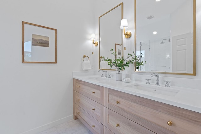 5209 Concho Creek Bnd, Austin, TX 78735 - full bath with double vanity, a tile shower, and baseboards