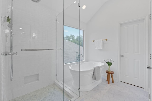 5209 Concho Creek Bnd, Austin, TX 78735 - full bath with a stall shower, vaulted ceiling, and a soaking tub