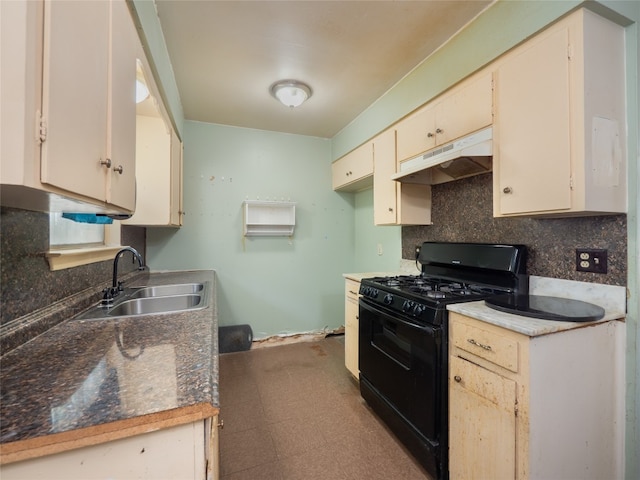 1021 Gardner Rd, Austin, TX 78721 - kitchen with black range with gas cooktop, under cabinet range hood, a sink, and decorative backsplash