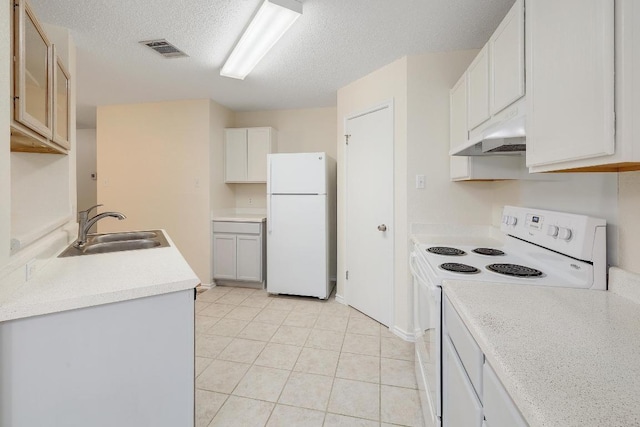 2202 Clayton Way, Cedar Park, TX 78613 - kitchen featuring white appliances, under cabinet range hood, a sink, light countertops, and a textured ceiling