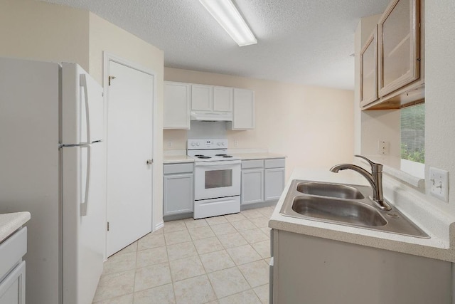 2202 Clayton Way, Cedar Park, TX 78613 - kitchen with white appliances, a sink, under cabinet range hood, light countertops, and a textured ceiling