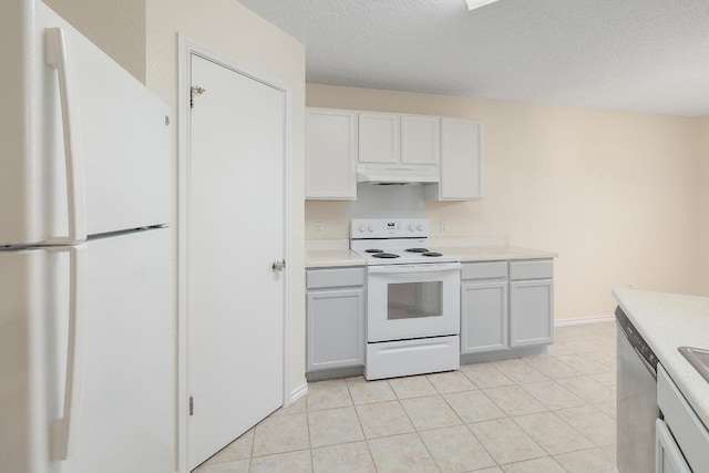 2202 Clayton Way, Cedar Park, TX 78613 - kitchen featuring white appliances, light countertops, under cabinet range hood, light tile patterned flooring, and a textured ceiling