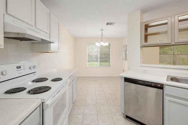 2202 Clayton Way, Cedar Park, TX 78613 - kitchen with white electric range, stainless steel dishwasher, under cabinet range hood, a chandelier, and light countertops