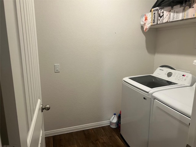 201 Abby Rd, Georgetown, TX 78626 - laundry area with baseboards, dark wood-style flooring, and separate washer and dryer