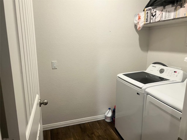 201 Abby Rd, Georgetown, TX 78626 - laundry area featuring baseboards, dark wood finished floors, and washing machine and clothes dryer