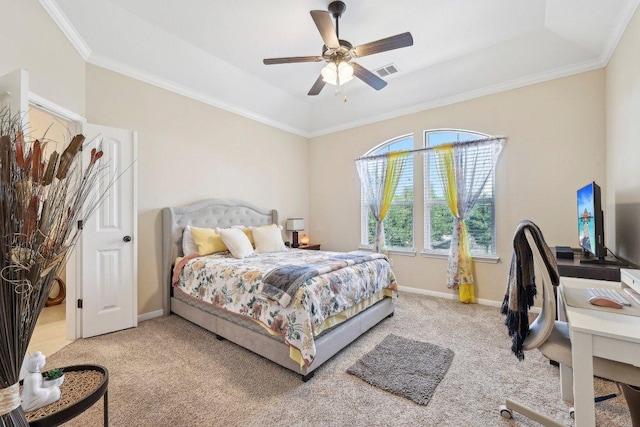 13400 Briarwick Dr Unit 1202, Austin, TX 78729 - bedroom featuring a tray ceiling, carpet, baseboards, crown molding, and ceiling fan