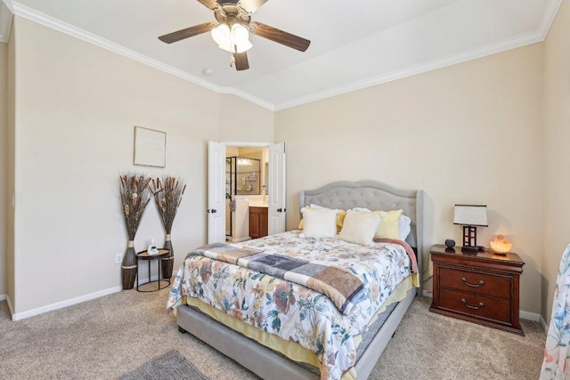13400 Briarwick Dr Unit 1202, Austin, TX 78729 - bedroom featuring carpet, crown molding, baseboards, ceiling fan, and connected bathroom