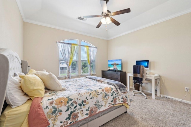 13400 Briarwick Dr Unit 1202, Austin, TX 78729 - carpeted bedroom with a tray ceiling, ornamental molding, a ceiling fan, and baseboards