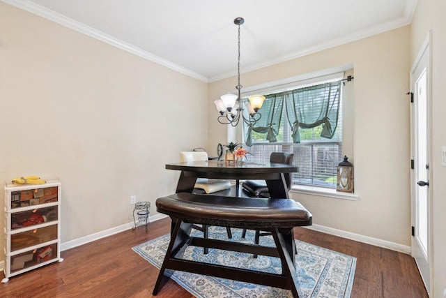 13400 Briarwick Dr Unit 1202, Austin, TX 78729 - dining area with dark wood finished floors, ornamental molding, a chandelier, and baseboards