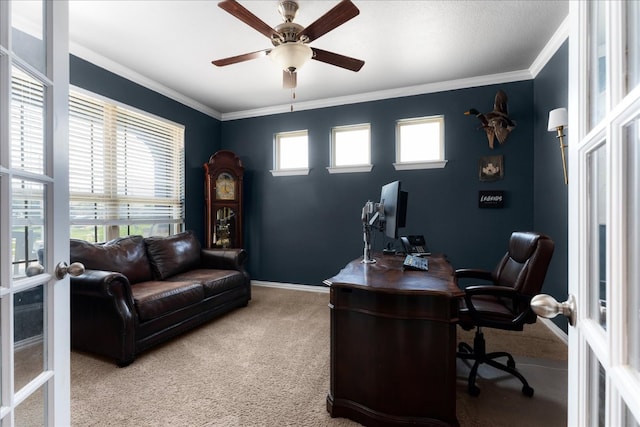 211 Joseph Dr, Buda, TX 78610 - carpeted office featuring french doors, ceiling fan, crown molding, and baseboards