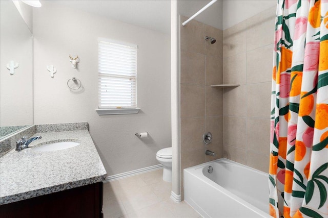 211 Joseph Dr, Buda, TX 78610 - bathroom featuring vanity, shower / tub combo with curtain, tile patterned floors, toilet, and baseboards