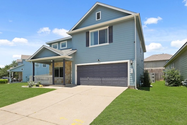 1121 Boxwood Loop, Georgetown, TX 78628 - traditional home with a porch, a garage, a front yard, driveway, and stone siding