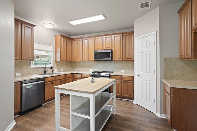 1121 Boxwood Loop, Georgetown, TX 78628 - kitchen with stainless steel appliances, a sink, butcher block countertops, decorative backsplash, and dark wood-type flooring