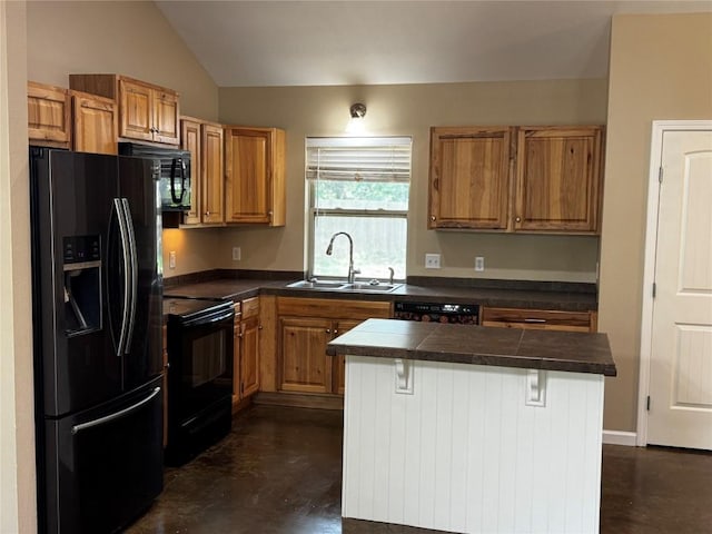 106 Shetland Ln, Bastrop, TX 78602 - kitchen with black appliances, a sink, finished concrete floors, lofted ceiling, and brown cabinetry