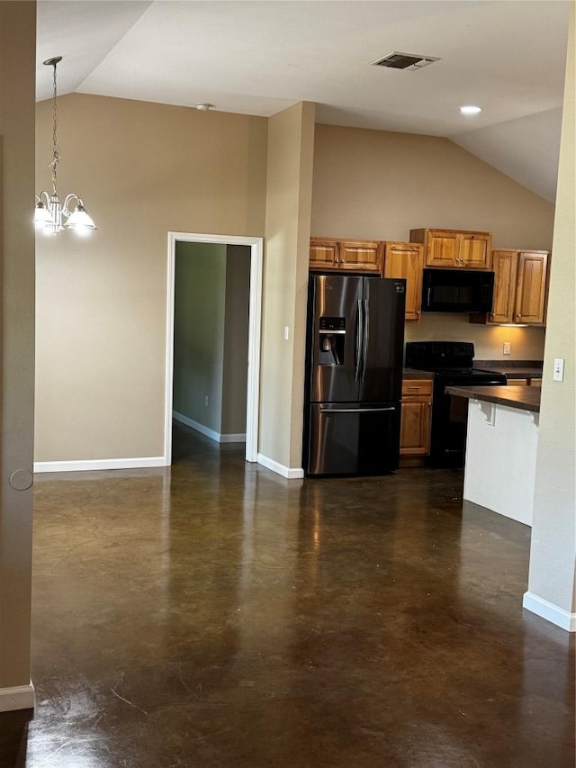 106 Shetland Ln, Bastrop, TX 78602 - kitchen featuring black appliances, dark countertops, brown cabinets, concrete flooring, and high vaulted ceiling