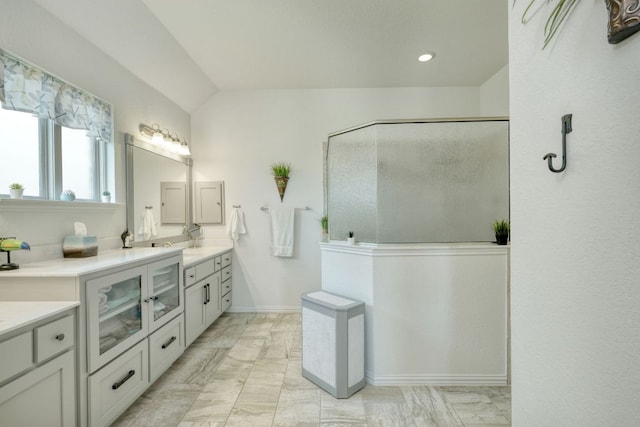19500 Chayton Cir, Pflugerville, TX 78660 - bathroom with vanity, an enclosed shower, marble finish flooring, and recessed lighting