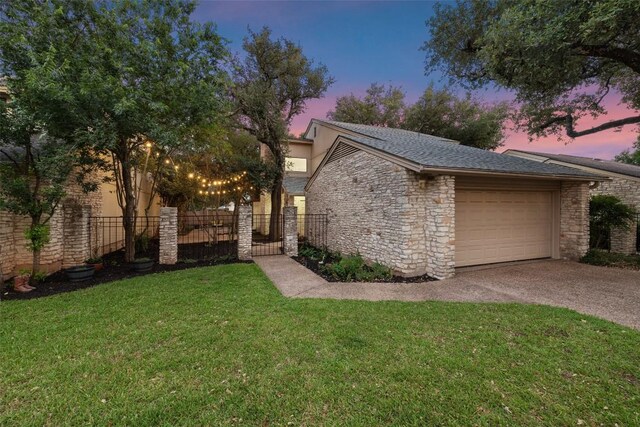 8115 Raintree Pl, Austin, TX 78759 - mid-century modern home featuring stone siding, a garage, asphalt driveway, a shingled roof, and stucco siding