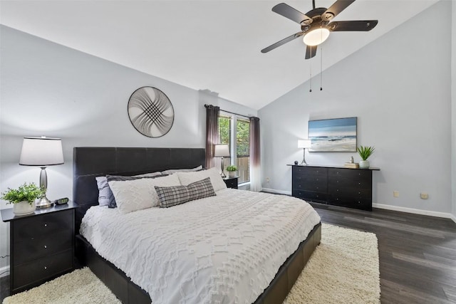 8115 Raintree Pl, Austin, TX 78759 - bedroom featuring wood finished floors, baseboards, a ceiling fan, and high vaulted ceiling