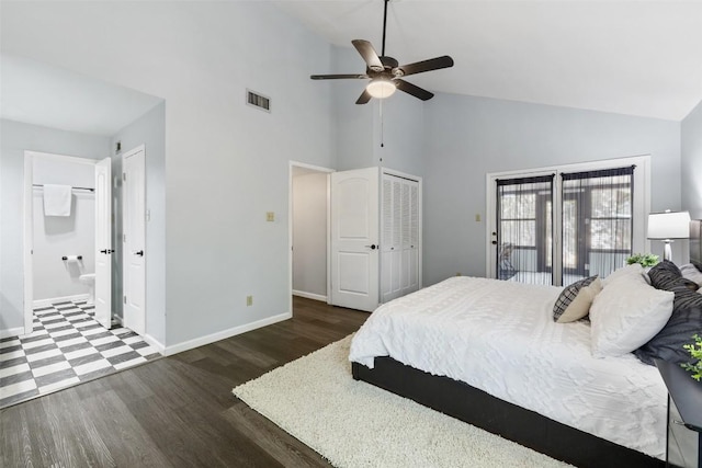 8115 Raintree Pl, Austin, TX 78759 - bedroom featuring high vaulted ceiling, tile patterned floors, baseboards, connected bathroom, and a ceiling fan