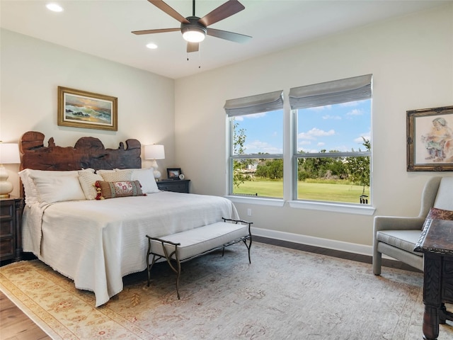 121 Wild Honeysuckle Way, San Marcos, TX 78666 - bedroom with light wood-style flooring, recessed lighting, and ceiling fan