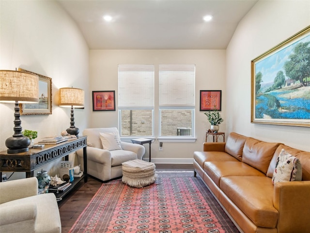 121 Wild Honeysuckle Way, San Marcos, TX 78666 - living room featuring dark wood-style flooring, recessed lighting, and vaulted ceiling