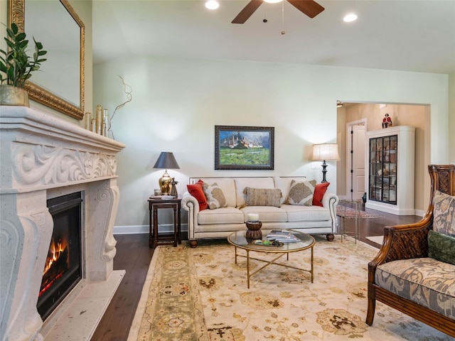 121 Wild Honeysuckle Way, San Marcos, TX 78666 - living area with a fireplace, ceiling fan, recessed lighting, dark wood-type flooring, and lofted ceiling