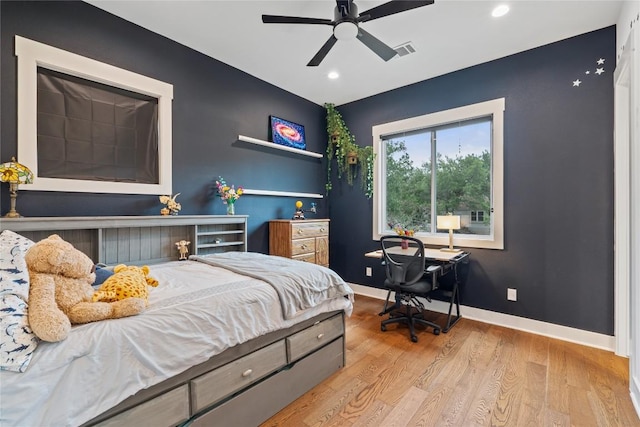 22005 Briarcliff Dr, Spicewood, TX 78669 - bedroom featuring light wood-style flooring, recessed lighting, baseboards, and ceiling fan
