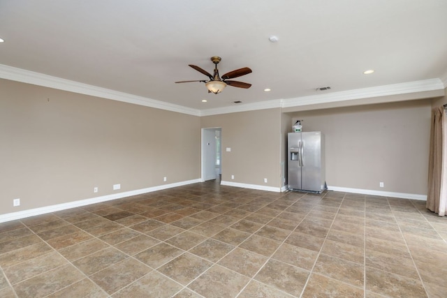 12011 Fm 1150th Rd, Luling, TX 78648 - spare room with ornamental molding, a ceiling fan, recessed lighting, baseboards, and tile patterned floors