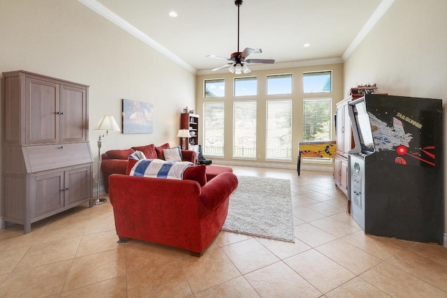 1617 High Lonesome, Leander, TX 78641 - living room with ceiling fan, crown molding, light tile patterned floors, and recessed lighting