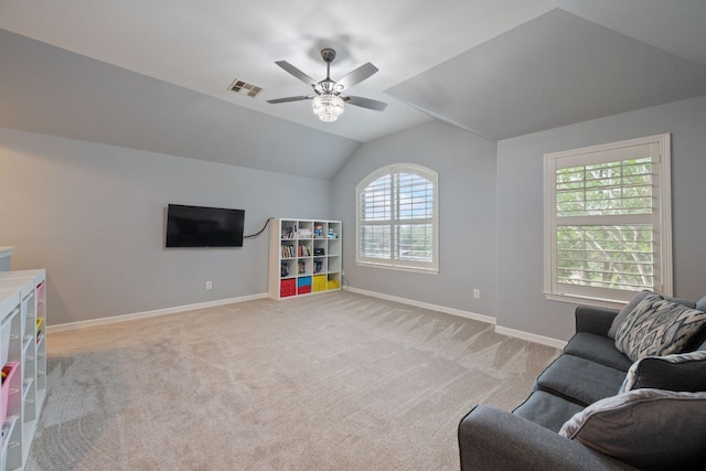 19402 Gale Meadow Dr, Pflugerville, TX 78660 - living area featuring a ceiling fan, lofted ceiling, light colored carpet, and baseboards