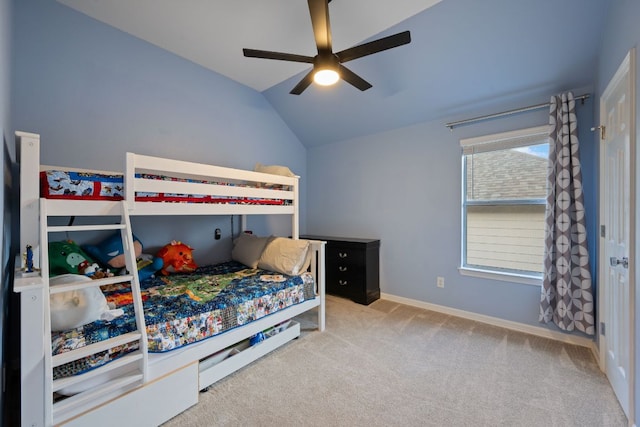 19402 Gale Meadow Dr, Pflugerville, TX 78660 - carpeted bedroom featuring vaulted ceiling, baseboards, and a ceiling fan