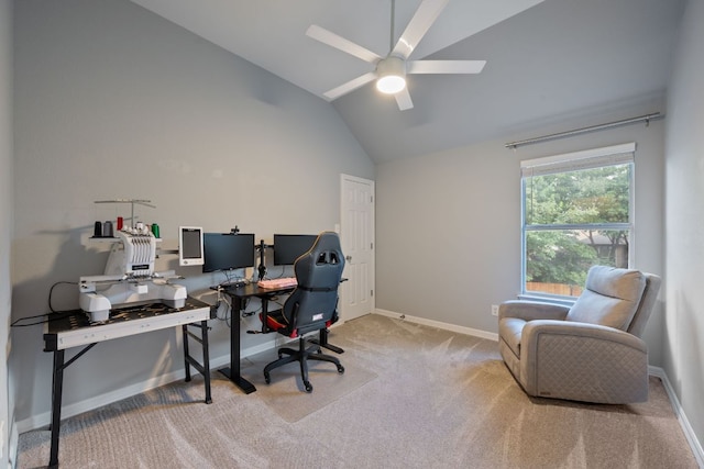 19402 Gale Meadow Dr, Pflugerville, TX 78660 - home office featuring vaulted ceiling, a ceiling fan, carpet flooring, and baseboards