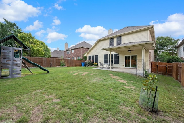 19402 Gale Meadow Dr, Pflugerville, TX 78660 - rear view of property with a ceiling fan, a patio, a playground, and a chimney