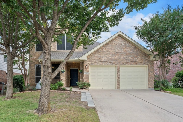 19402 Gale Meadow Dr, Pflugerville, TX 78660 - view of front facade with a garage, concrete driveway, brick siding, roof with shingles, and a front lawn