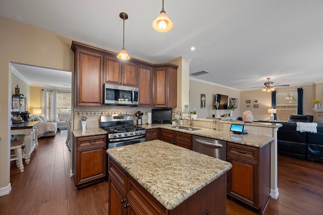 1504 Edelweiss Dr, Cedar Park, TX 78613 - kitchen with stainless steel appliances, open floor plan, a sink, crown molding, and a peninsula