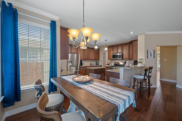 1504 Edelweiss Dr, Cedar Park, TX 78613 - dining space with a chandelier, baseboards, dark wood-style floors, recessed lighting, and crown molding