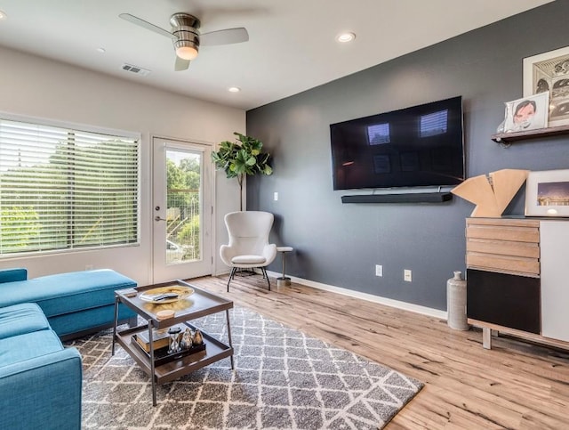 124 Cumberland Rd Unit 401, Austin, TX 78704 - living room featuring wood finished floors, ceiling fan, baseboards, and recessed lighting
