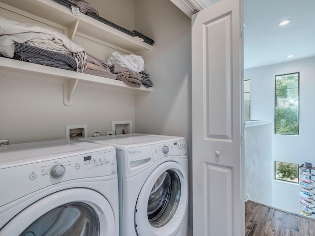 124 Cumberland Rd Unit 401, Austin, TX 78704 - laundry area featuring washing machine and clothes dryer, wood finished floors, and recessed lighting