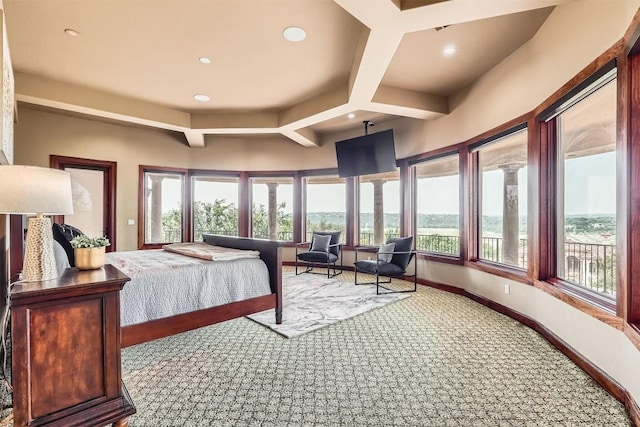 312 Camino Arbolago, Lakeway, TX 78734 - bedroom with coffered ceiling, multiple windows, carpet floors, beam ceiling, and recessed lighting
