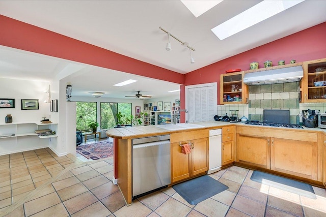 3403 Spanish Oak Dr, Austin, TX 78731 - kitchen with dishwasher, a sink, lofted ceiling, a skylight, and a peninsula