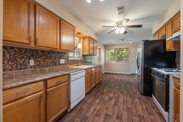14101 Washoe Cir, Austin, TX 78734 - kitchen with gas stove, a sink, dishwasher, a ceiling fan, and dark wood-style floors
