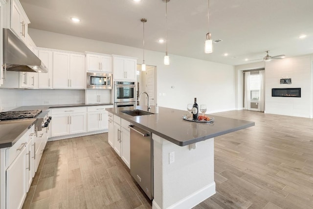 2613 Ibaza Bnd Unit 58, Leander, TX 78641 - kitchen featuring a sink, appliances with stainless steel finishes, under cabinet range hood, dark countertops, and light wood finished floors