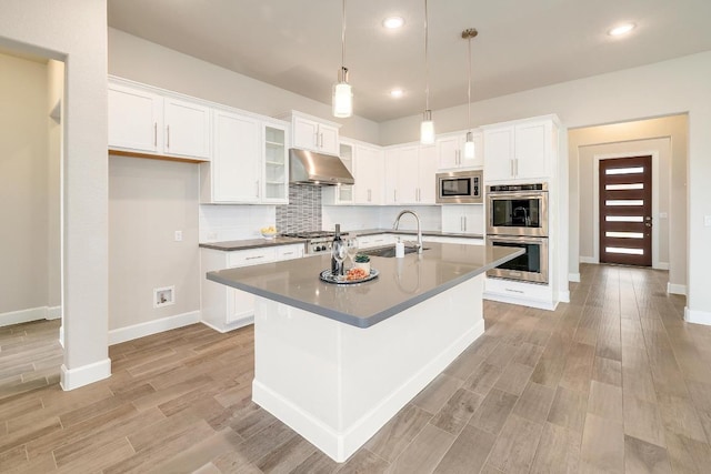 2613 Ibaza Bnd Unit 58, Leander, TX 78641 - kitchen featuring under cabinet range hood, a sink, appliances with stainless steel finishes, white cabinetry, and recessed lighting