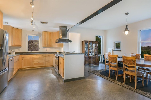 8207 Moon Rise Trl, Jonestown, TX 78645 - kitchen with light brown cabinets, island range hood, concrete floors, and stainless steel appliances